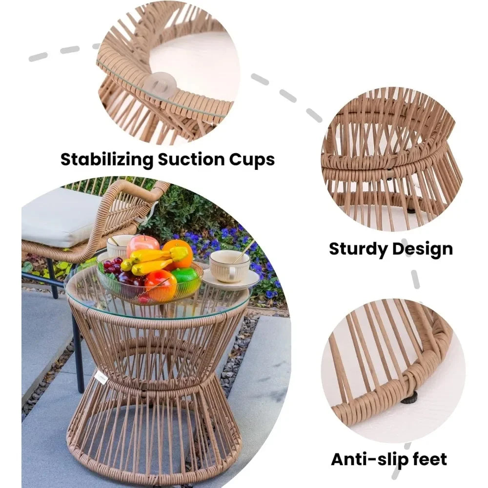 Boho Style Patio Set for Small Spaces，3 Piece Rattan Patio Bistro Set,Outdoor Wicker Furniture with 2 Chairs and Glass Top Table