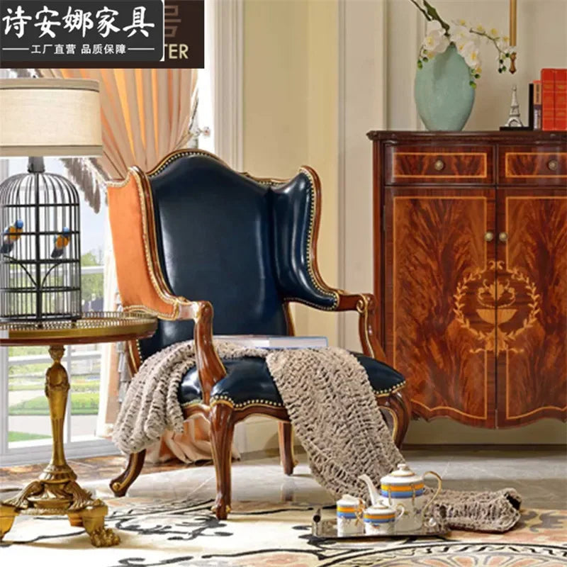 Luxury British Style Solid Wood Leather Single Sofa European American Villa Living Room Art Leisure Tiger Chair for Home