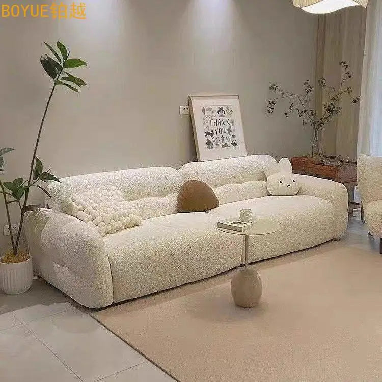French Cream Style Lamb Wool Cloud Sofa Is A Quiet Wind Small Apartment Modern Simple Living Room Fabric Straight Row Sofa