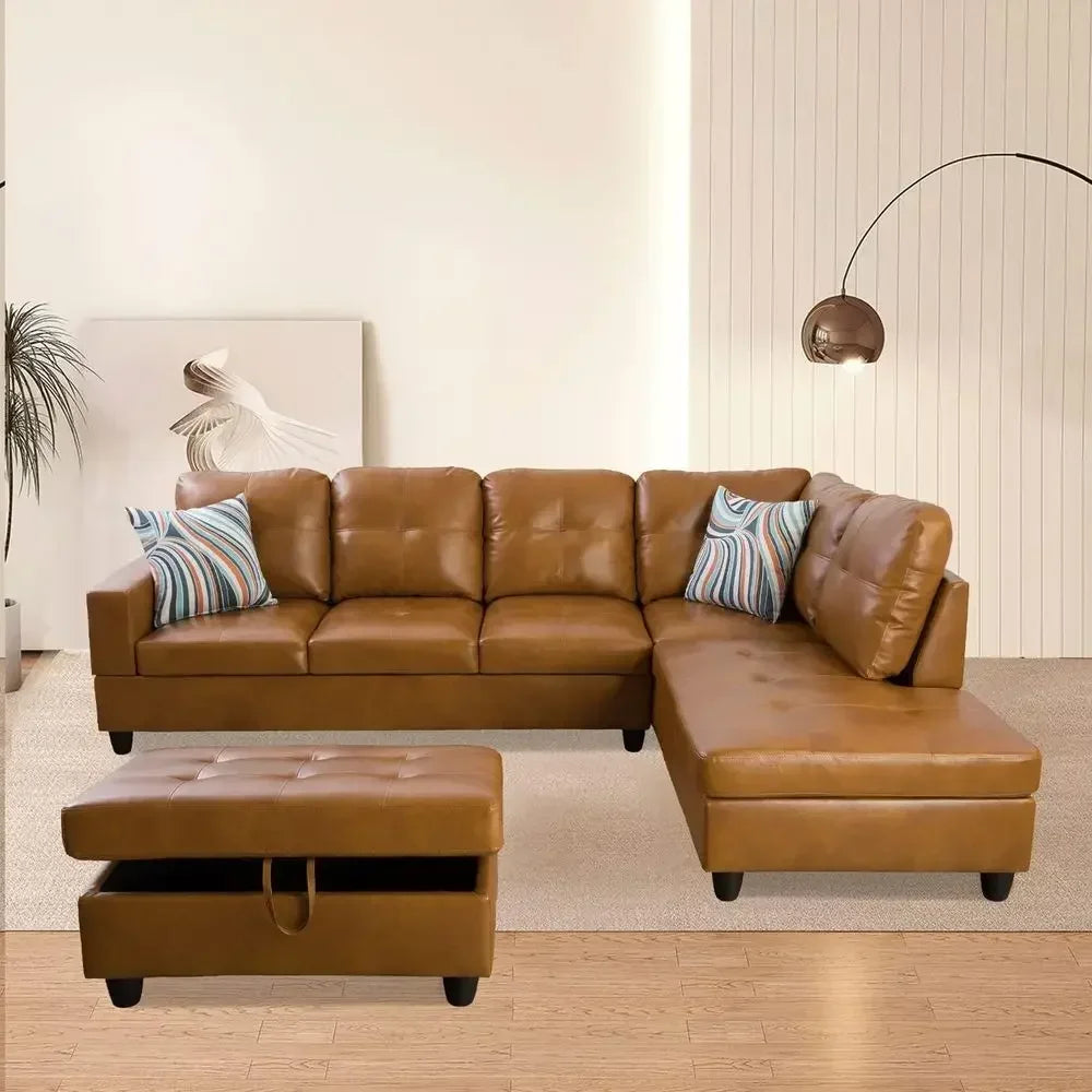 Leather Sectional Sofa with Storage Ottoman and Right Chaise in Ginger