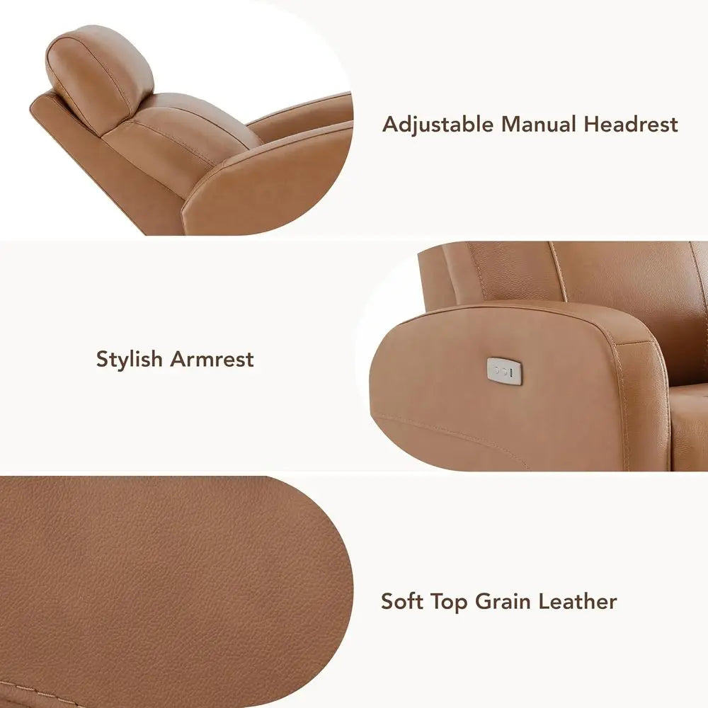 Camel Brown Genuine Leather Power Recliner for Adults and Electric Swivel Glider for Nursery, Living Room