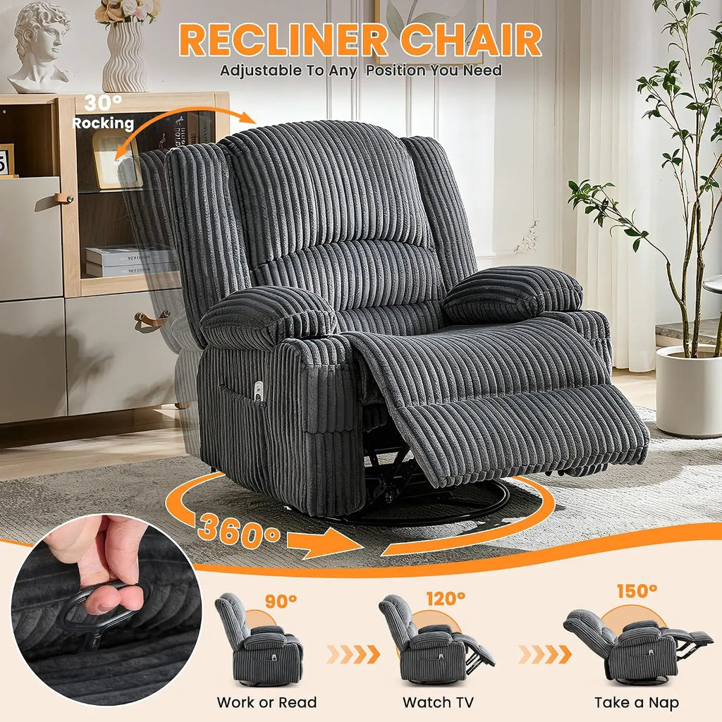 Oversized Corduroy Recliner Chair with Massage and Heat, 360° Swivel Rocker | Corduroy recliner with USB charging, cup holders a