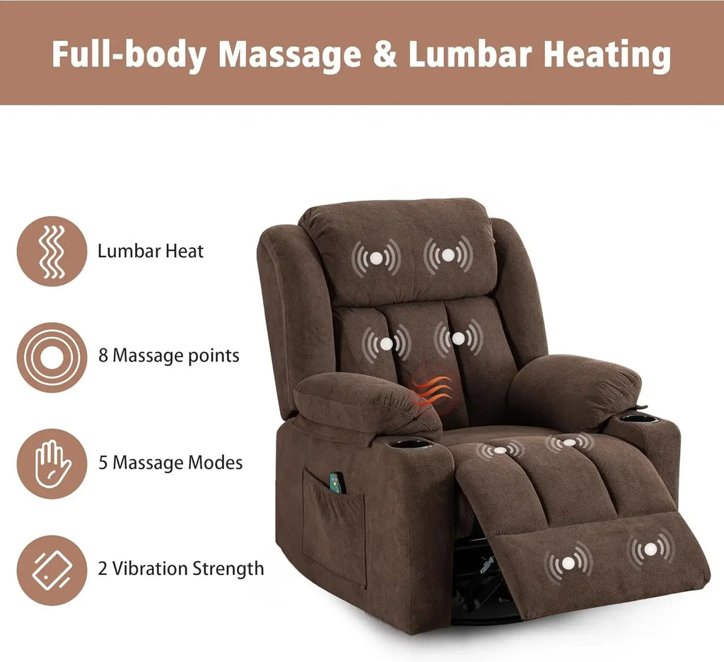 Swivel Recliner Chair with Massage Heat, Rocking Glider, Overstuffed Fabric Living Room Sofa