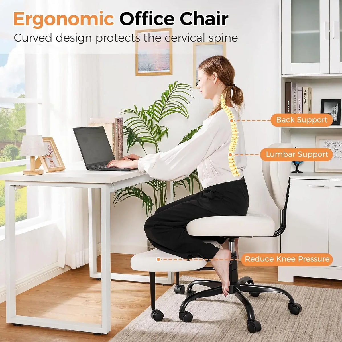 White Cross Legged Ergonomic Criss Cross Chair With Wheels 360 Swivel Height Adjustable Meditation Yoga ADHD Wide Kneeling Lumba