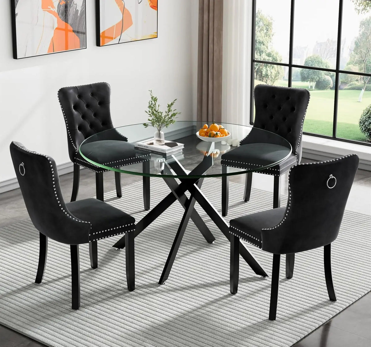 5-Piece Round Glass Dining Table Set for 4, 47.2" Circle Table with 4 Tufted Chairs for Kitchen Home Office, Customized