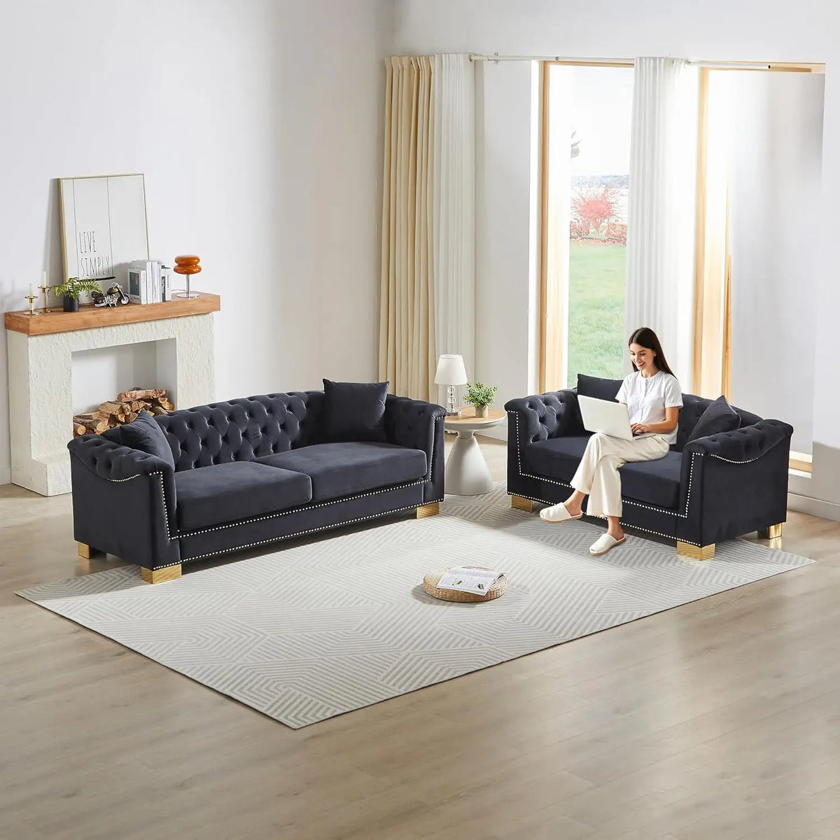 #2 Pieces 84" 3-Seater + 62" Loveseat Beige Velvet Sofa Sets, 4 Cushion Classic 6.5" Rolled Arm Modern, Customized
