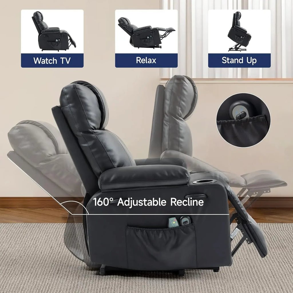 Power Lift Recliner Chair for Elderly with Massage & Heat, 160° Adjustable PU Leather Electric Recliner with Remote, Cup Holders