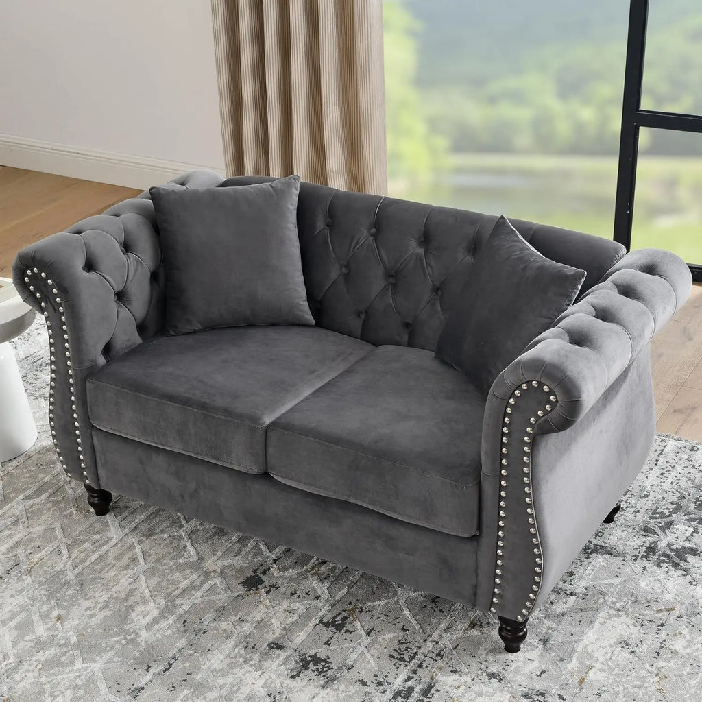 59" Chesterfield Loveseat Velvet Tufted Sofa with Rolled Arms & Nailhead for Living Room Bedroom Office, Grey, Customized