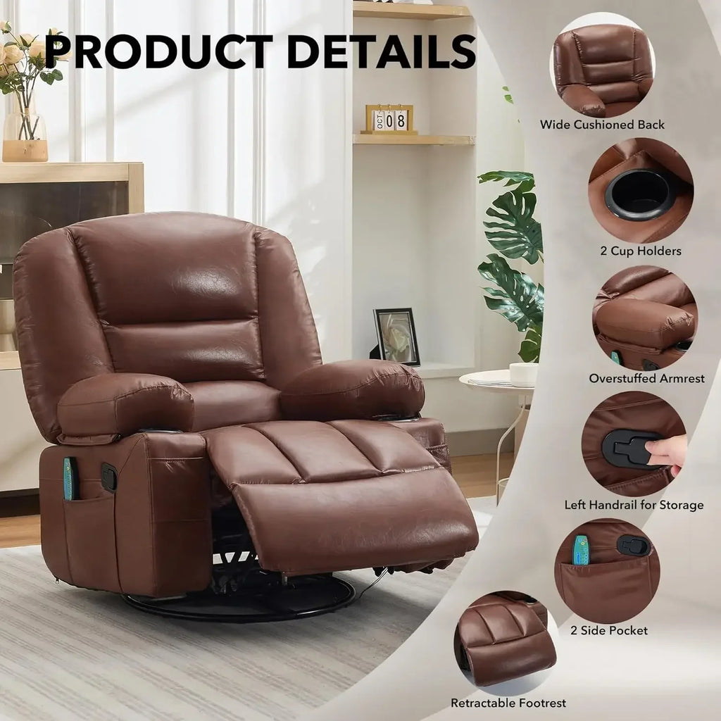 Brown 360 Swivel Rocker Heat Vibration Massage Oversized Wide Recliner PU Leather Manual Adult Chair With Cup Holders Side Pocke