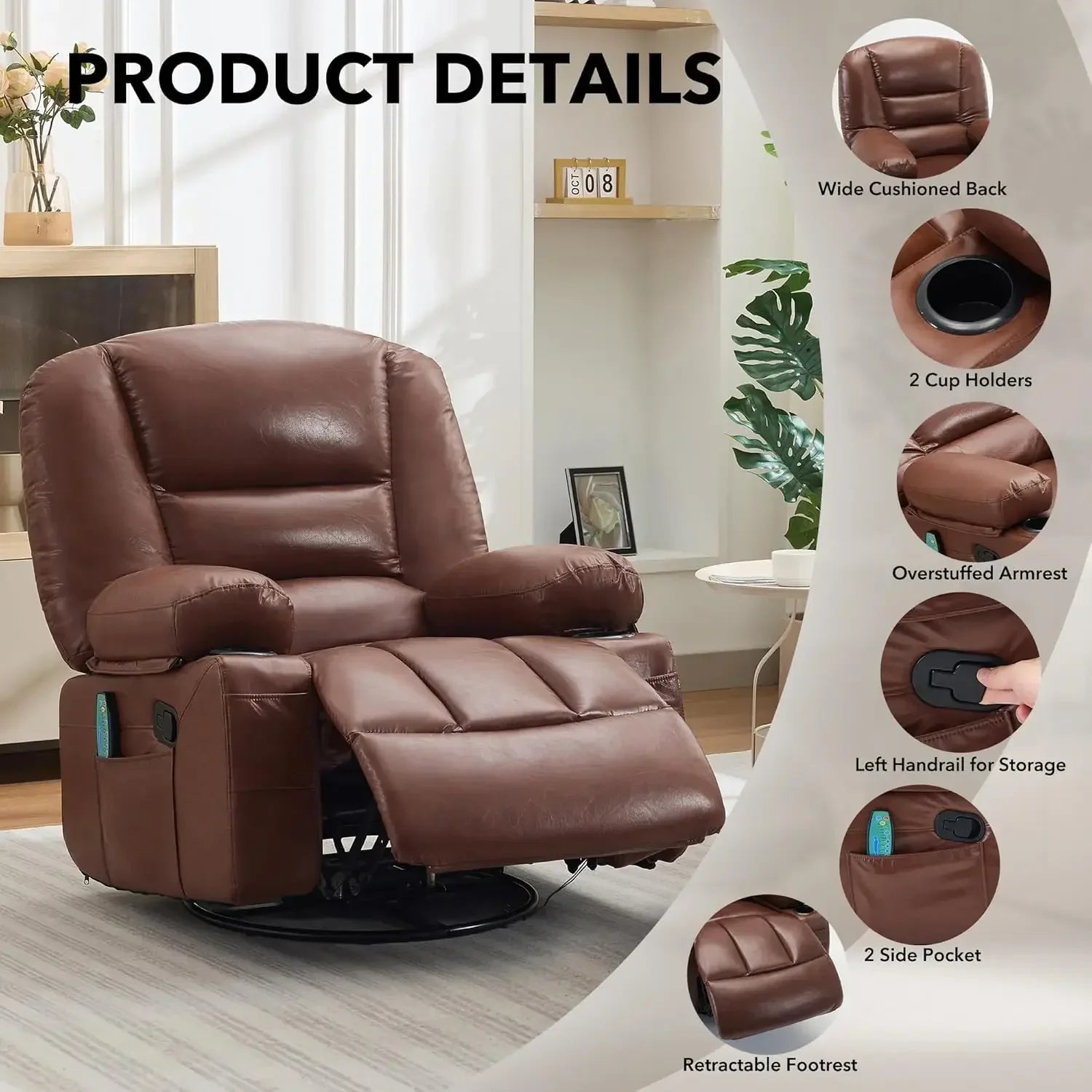 Brown 360 Swivel Rocker Heat Vibration Massage Oversized Wide Recliner PU Leather Manual Adult Chair With Cup Holders Side Pocke