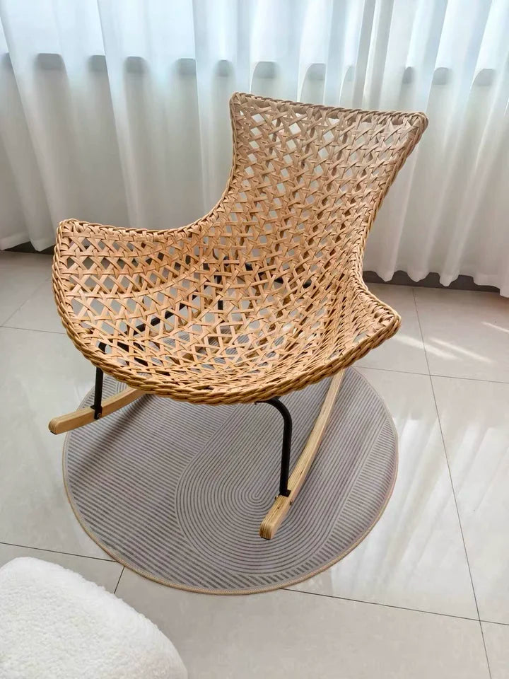 Rattan Rocking Chair for Sleeping Single Recliner Lounge Chair for Living Room Patio Outdoor Relaxing Seat Natural Wicker Rocker
