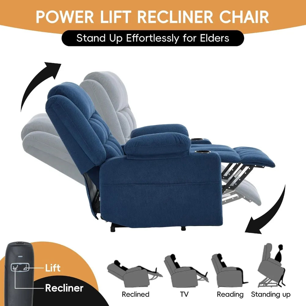 Power Lift Recliner Chair Elderly Massage Heat Fabric Electric Sofa Side Pocket Cup Holders Living Room Navy