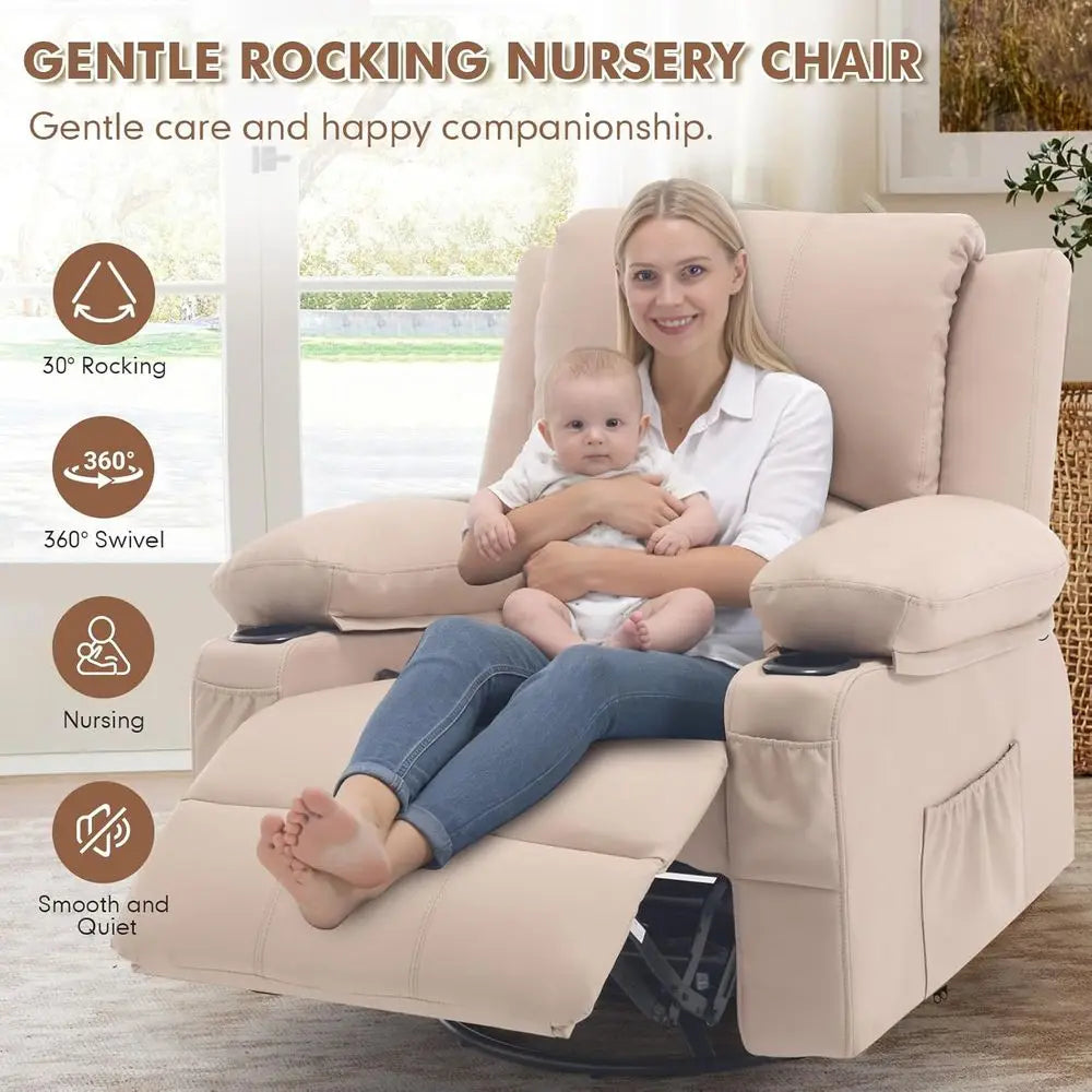 Leather Swivel Rocker Recliner with Heat Massage and Cup Holders, Plush Rocking Glider Chair with Heated Massaging Recline, Beig