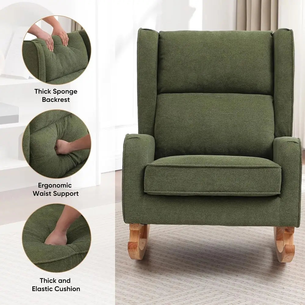 High-Back Solid Wood Nursery Rocking Chair with Wingback Accents for Comfortable Reading in Living Room or Bedroom