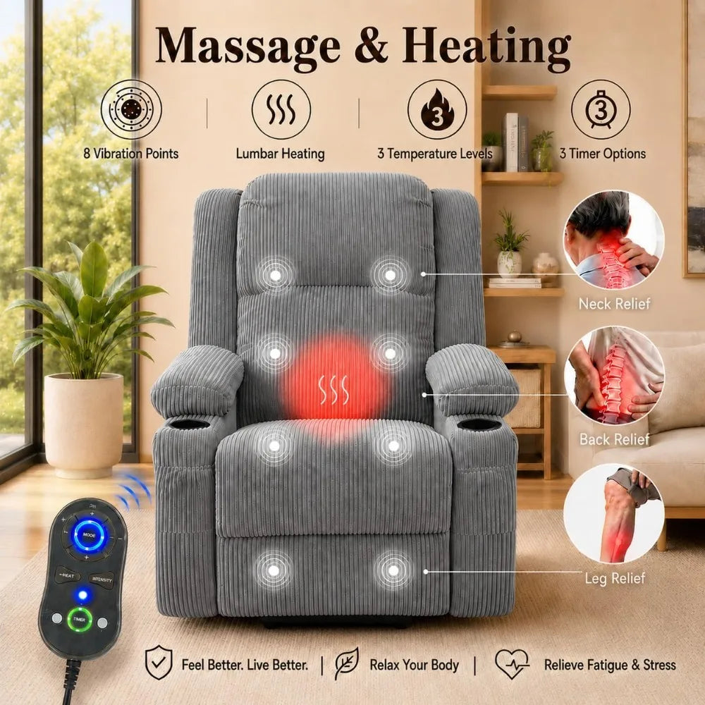 Swivel Rocker Recliner Chair with Heat & Vibration Massage, USB Port, Lounge Sofa for Living Room, Custom