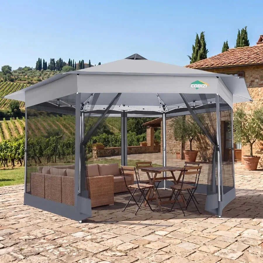 16x16 Pop Up Gazebo with Mosquito Netting, Hexagonal Screened Canopy