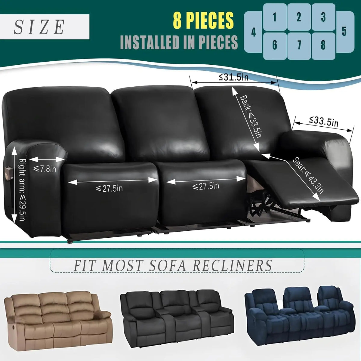 1/2/3 Seat Waterproof Recliner Sofa Cover PU Armchair Leather Cover Solid Elastic Color Relax Single Sofa Slipcovers Home Hotel