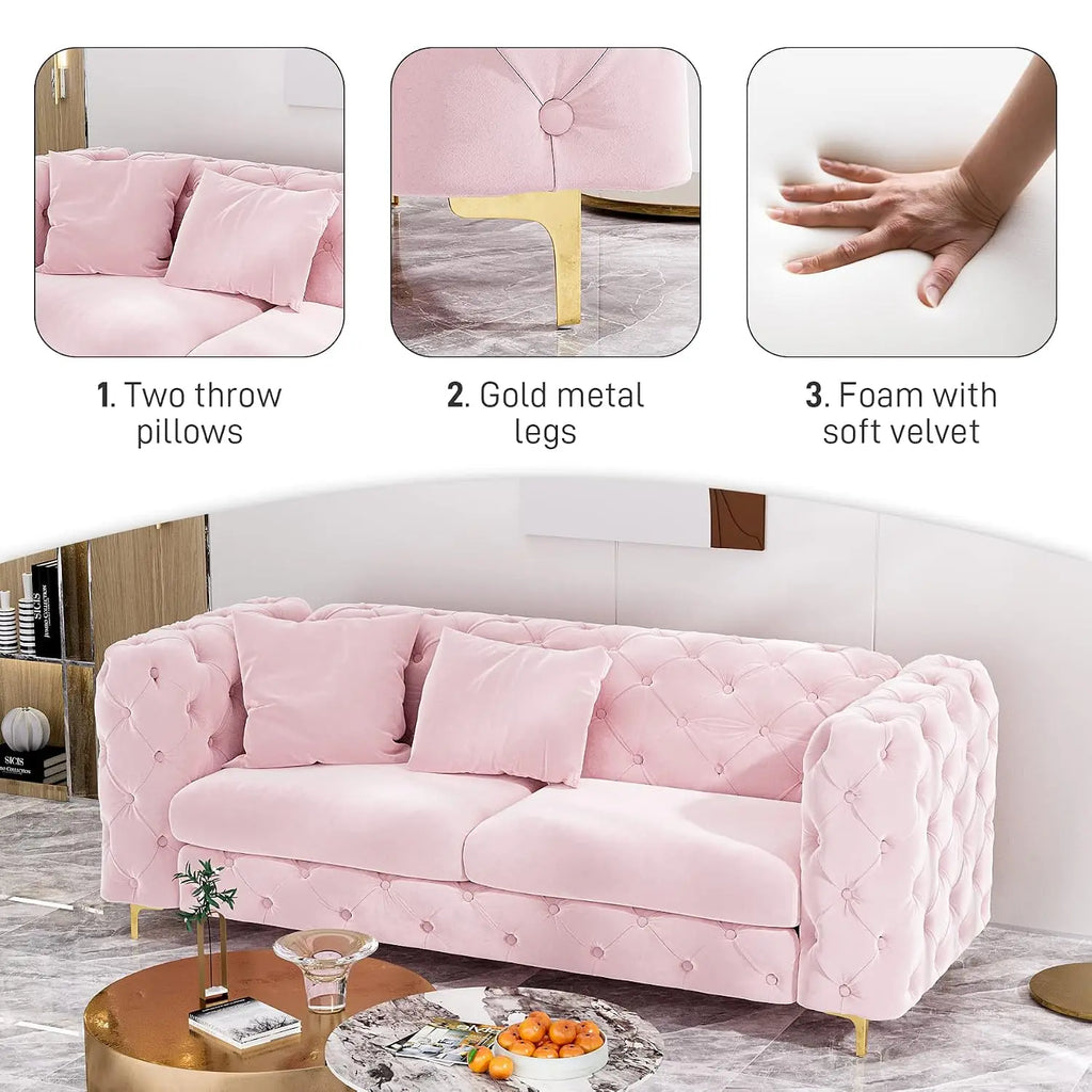75" Mid Century Modern Tufted Velvet Sofa Gold Legs, Customized