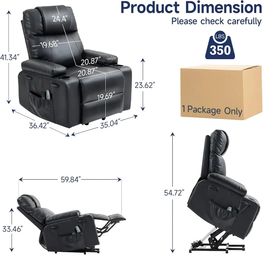Power Lift Recliner Chair for Elderly with Massage & Heat, PU Leather Electric Recliner USB Port, 160° Recline, Remote