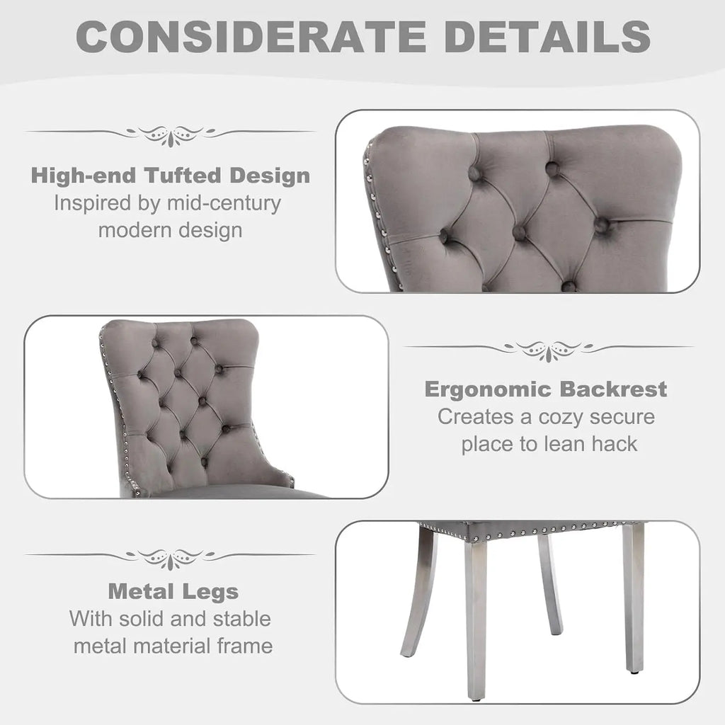 51" Glass Dining Table Set for 4, Grey | Tempered Glass Top, Silver Metal Legs, Velvet Chairs, Modern Dining Room Set, Custom