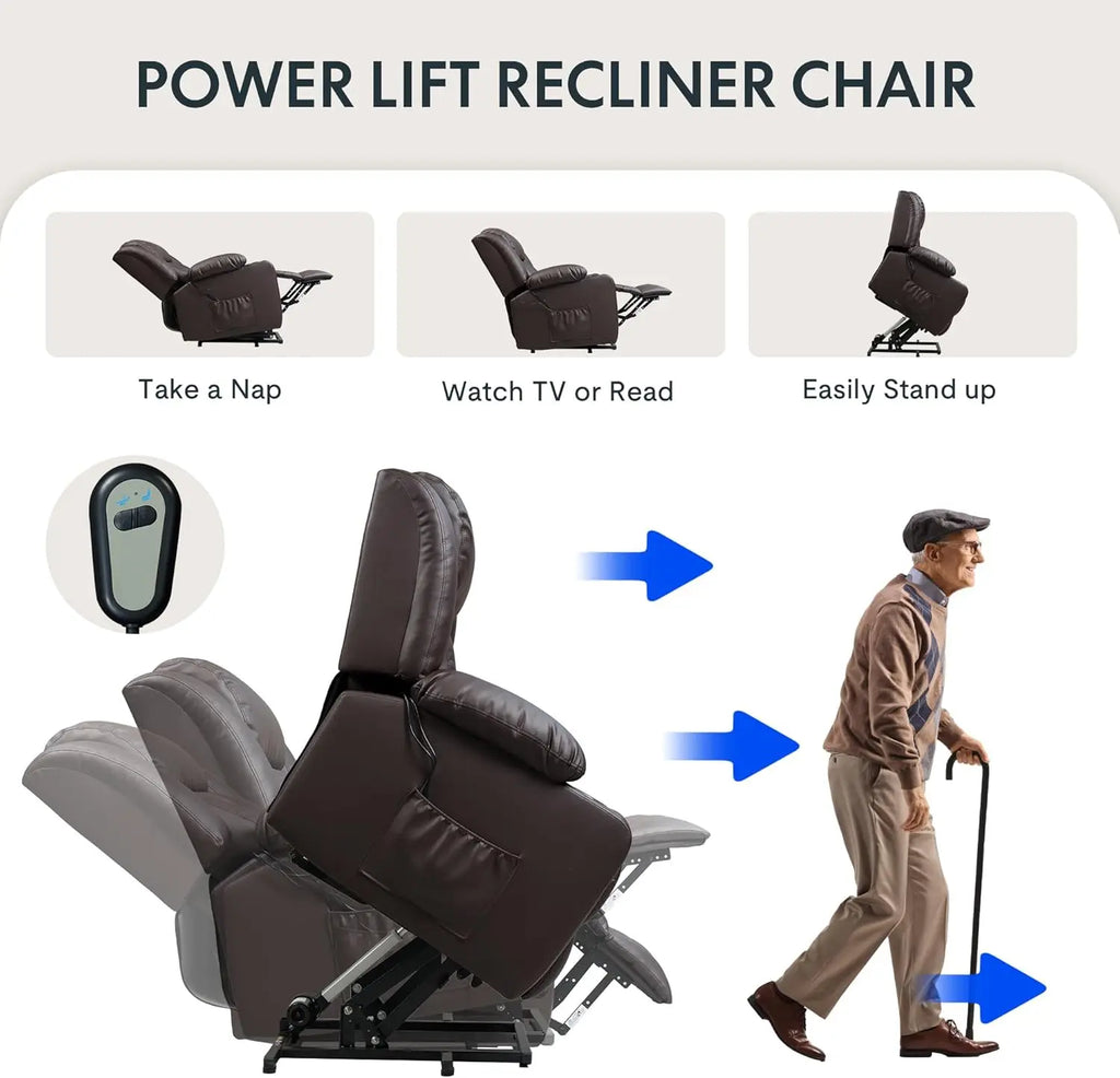 Electric Lift Recliner Chair with Massage & Heat for Elderly, PU Leather Sofa Cup Holders