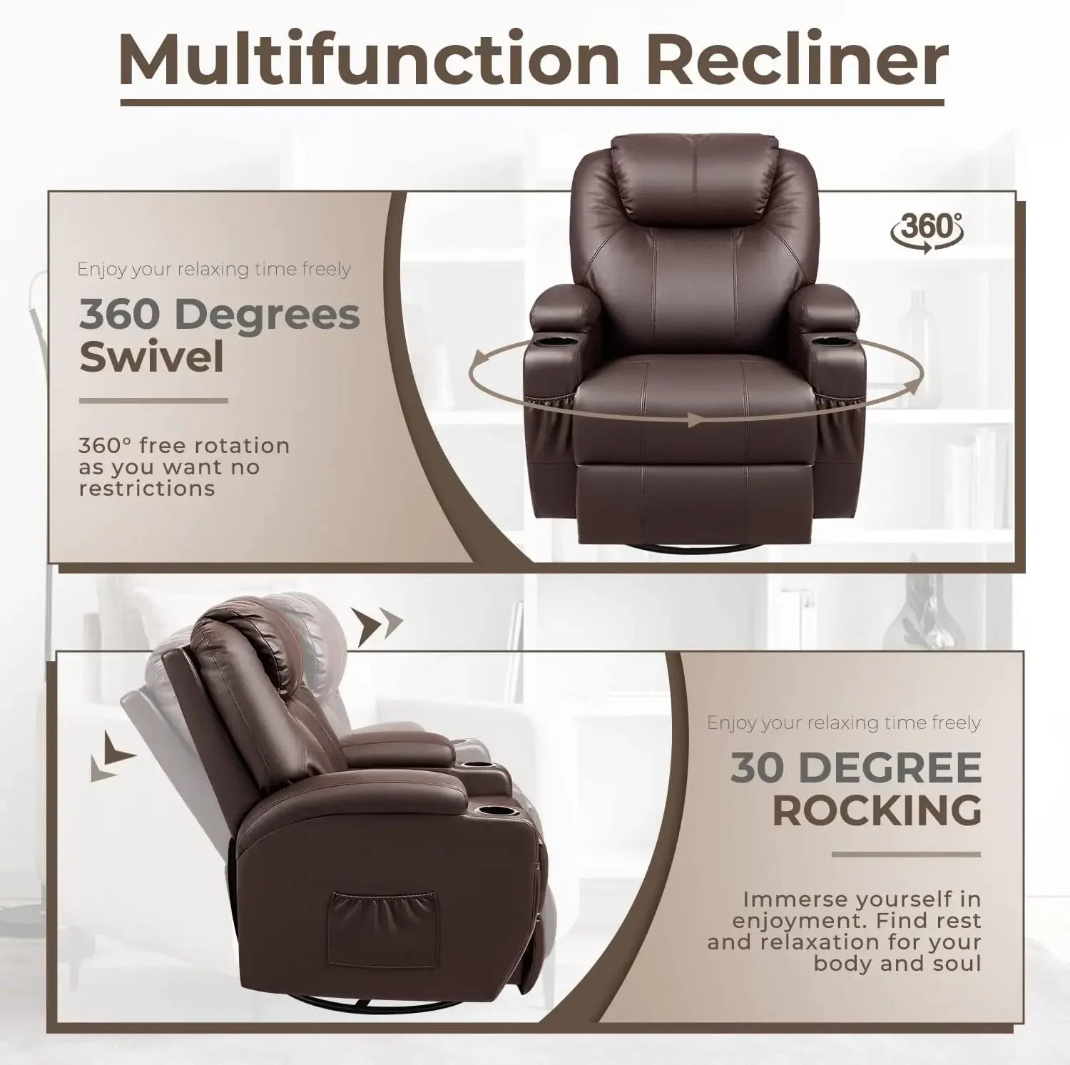 Recliner Chair,Rocking Chair with Massage and Heat,360° Swivel Recliner Chairs for Adults,for Bedroom,Nursery,Living Room Chairs