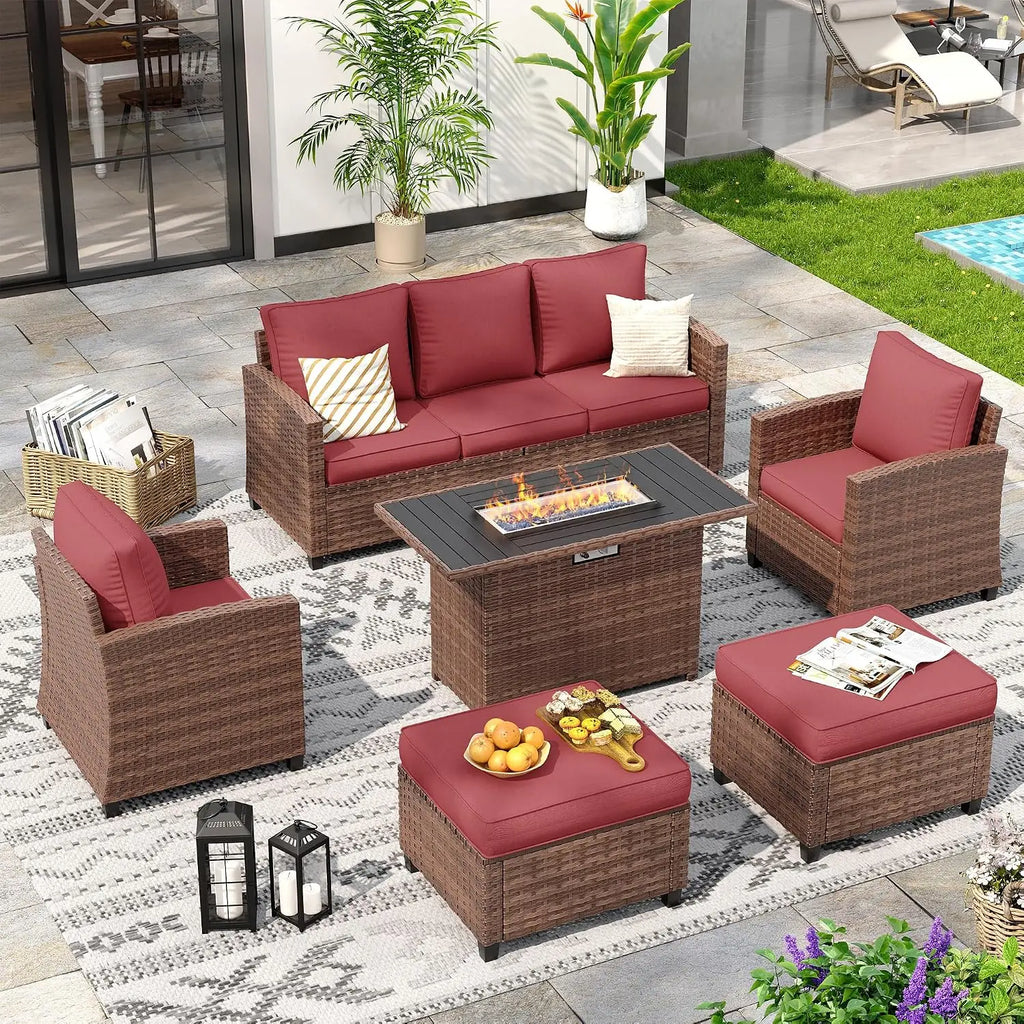 6 Pcs Patio Furniture Set with 44" Propane Gas Fire Pit Table, Rattan Outdoor Couch with Ottomans, 4" Thick, Customized