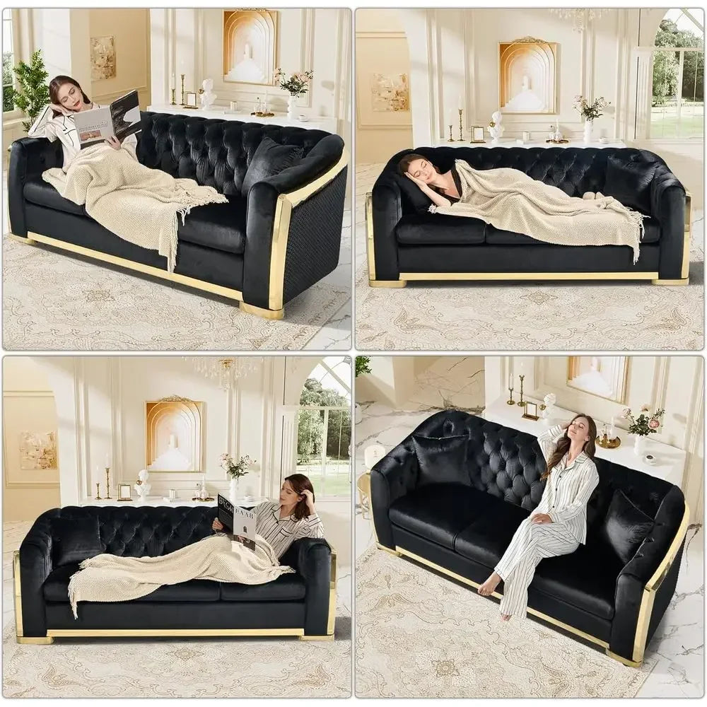 Luxurious 84 Velvet Black Sofa with Gold Legs, 3-Seat Curved Loveseat for Living Room, Includes 2 Pillows