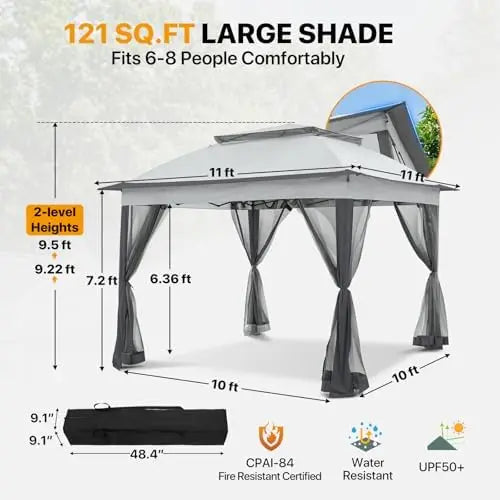 11x11 Pop Up Gazebo with Mesh Netting, Instant Outdoor Canopy Tent, Water Resistant Shelter with UPF 50+ UV Protection