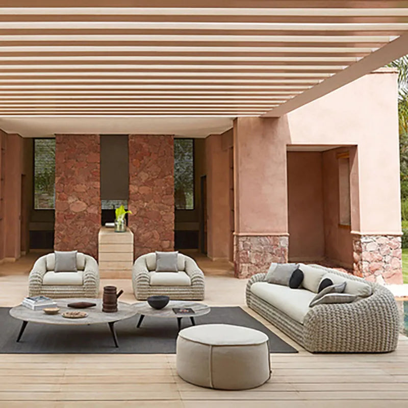 Outdoor sunscreen PE rattan rope sofa set with waterproof seat cushion Nordic design U-shaped removable garden furniture