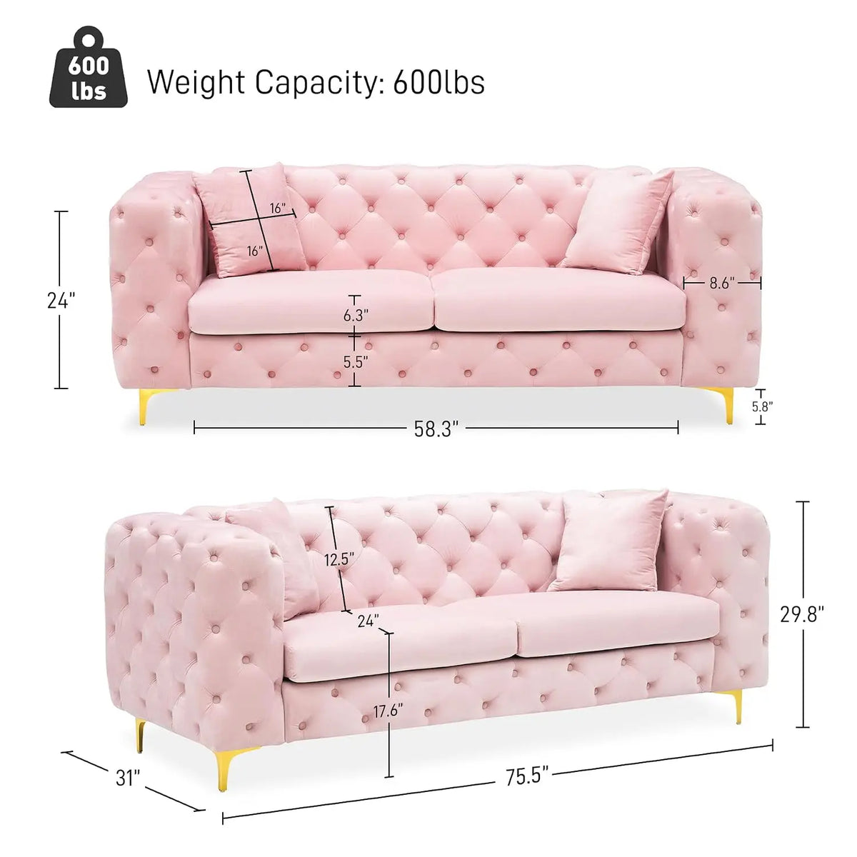 75" Mid Century Modern Tufted Velvet Sofa Gold Legs, Customized