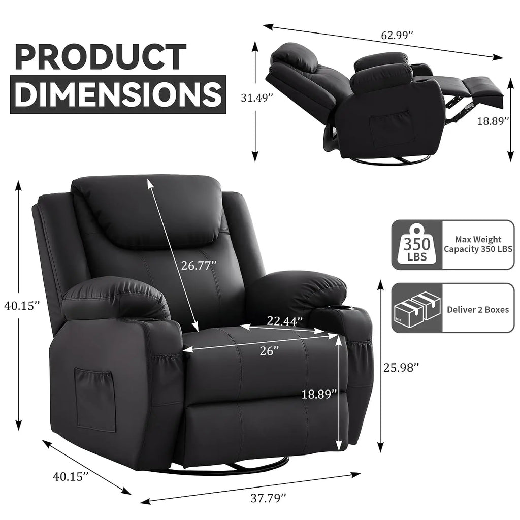 Oversized 360° Swivel Rocker Recliner Chair with Heat & Massage, Manual Recliner for Adults, Custom