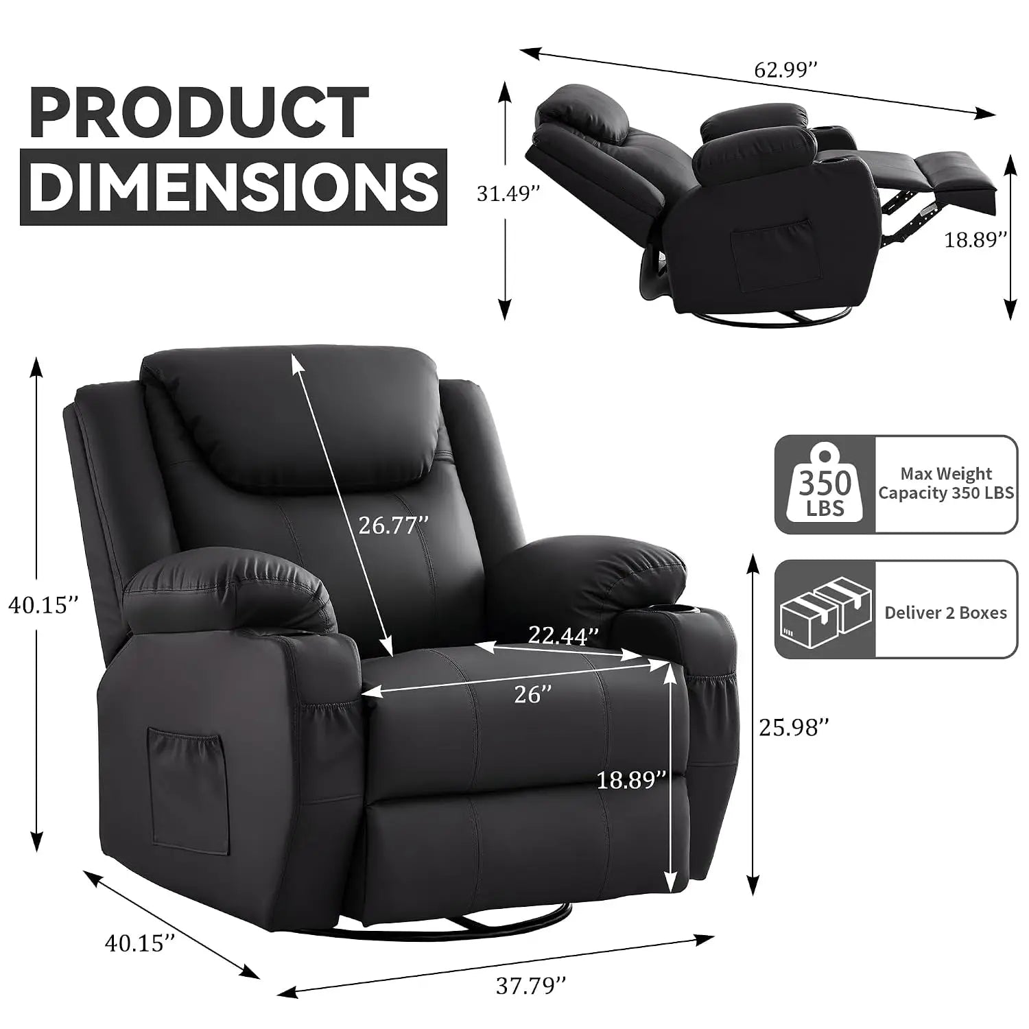 Oversized 360° Swivel Rocker Recliner Chair with Heat & Massage, Manual Recliner for Adults, Custom