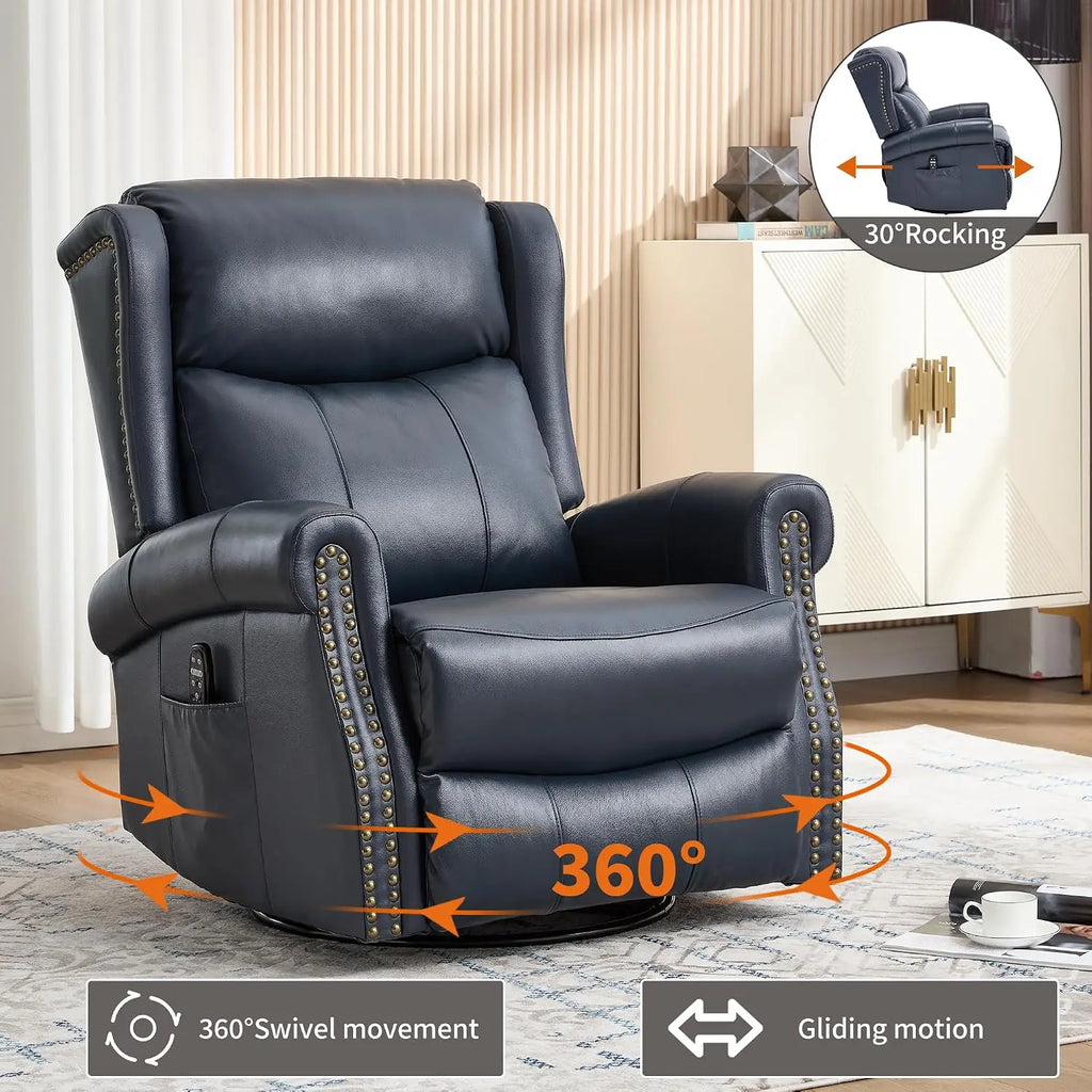 Genuine Leather Manual Recliner Chair with Swivel Rocker Massage Heat Nursery Small Space Blue, Customized