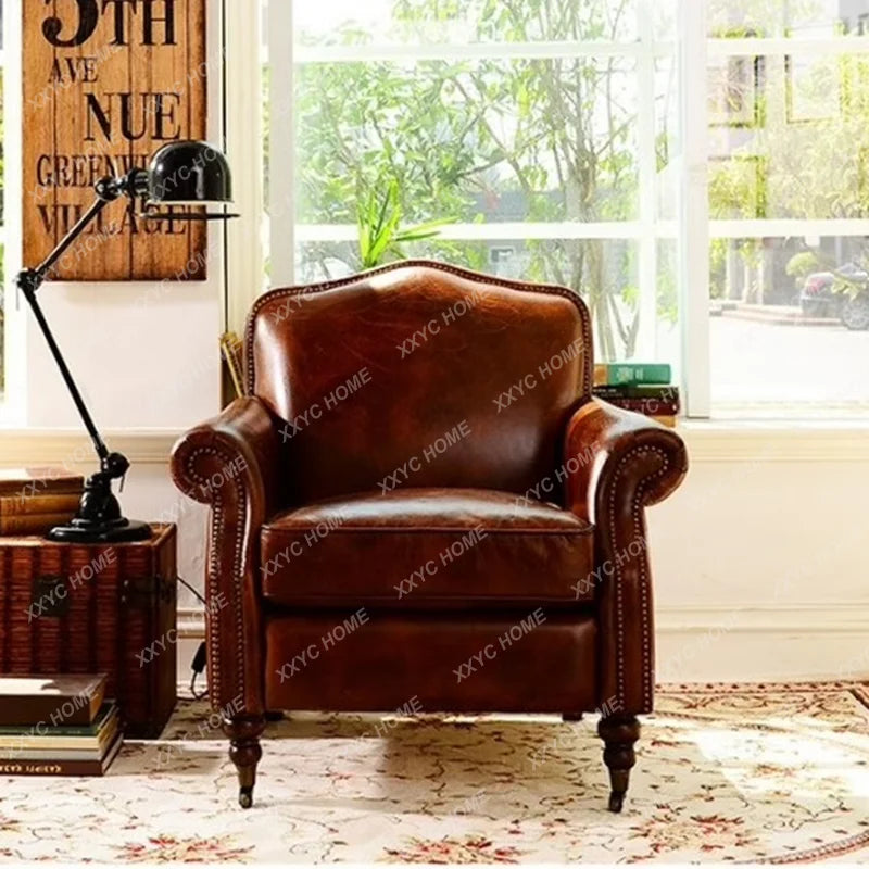 TT retro first-layer cowhide single sofa study sofa