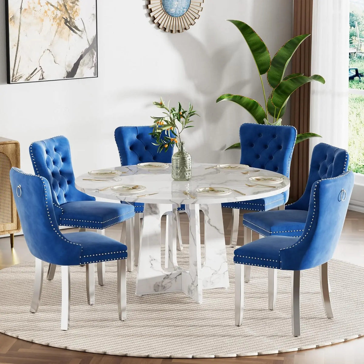 47" Round Farmhouse Dining Table Set, White Faux Marble with 4 Blue Velvet Chairs, Wooden Kitchen & Dining Furniture, Customized
