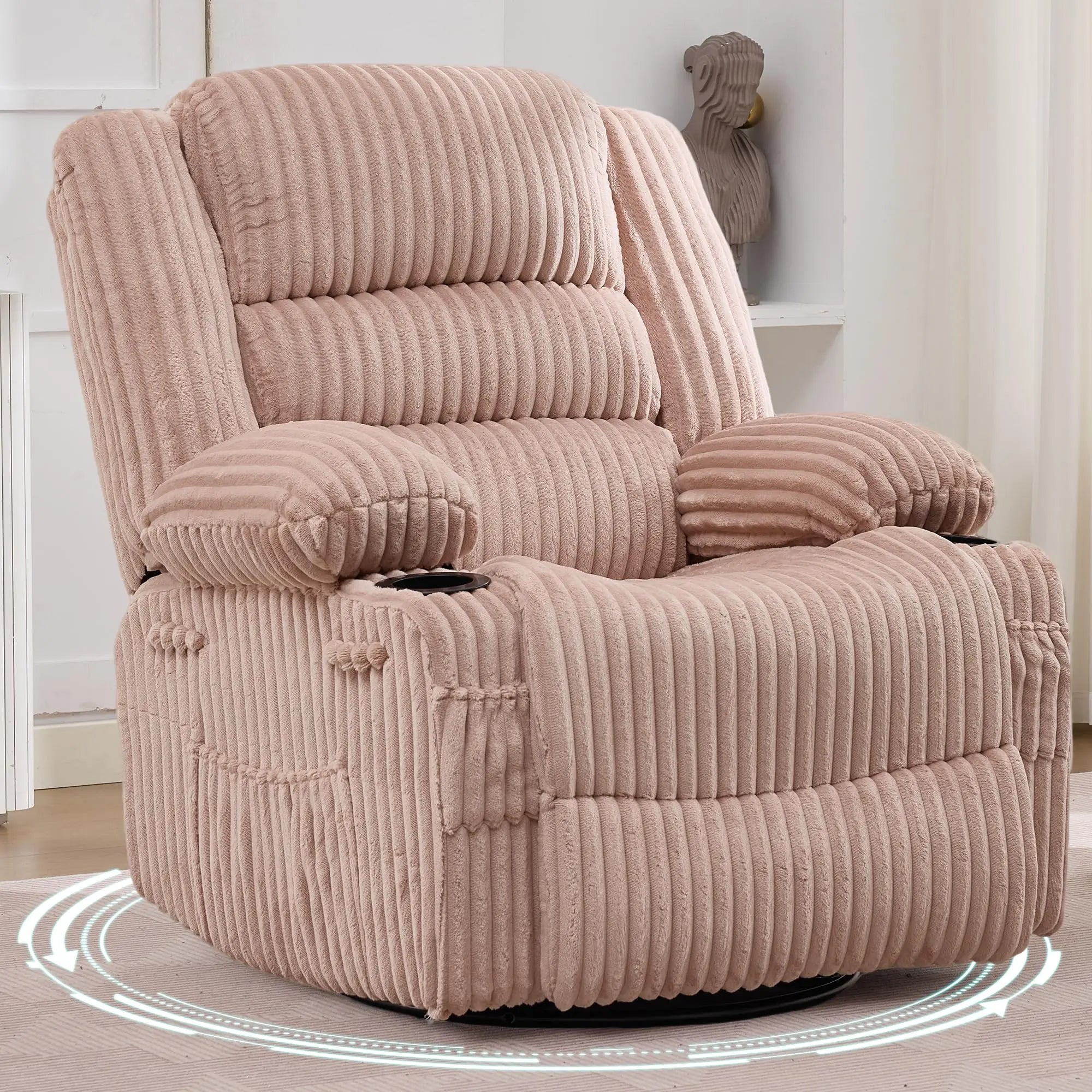 Jumbo Corduroy Rocking Recliner Chair With Cup Holder Swivel Glider Upholstered Deep Seat Lazy Boy Nursery Chair For Living Room