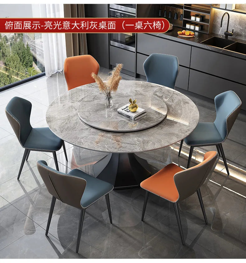 PG Italian minimalist light luxury rock slab bright dining table modern simple round table with turntable high-end dining table