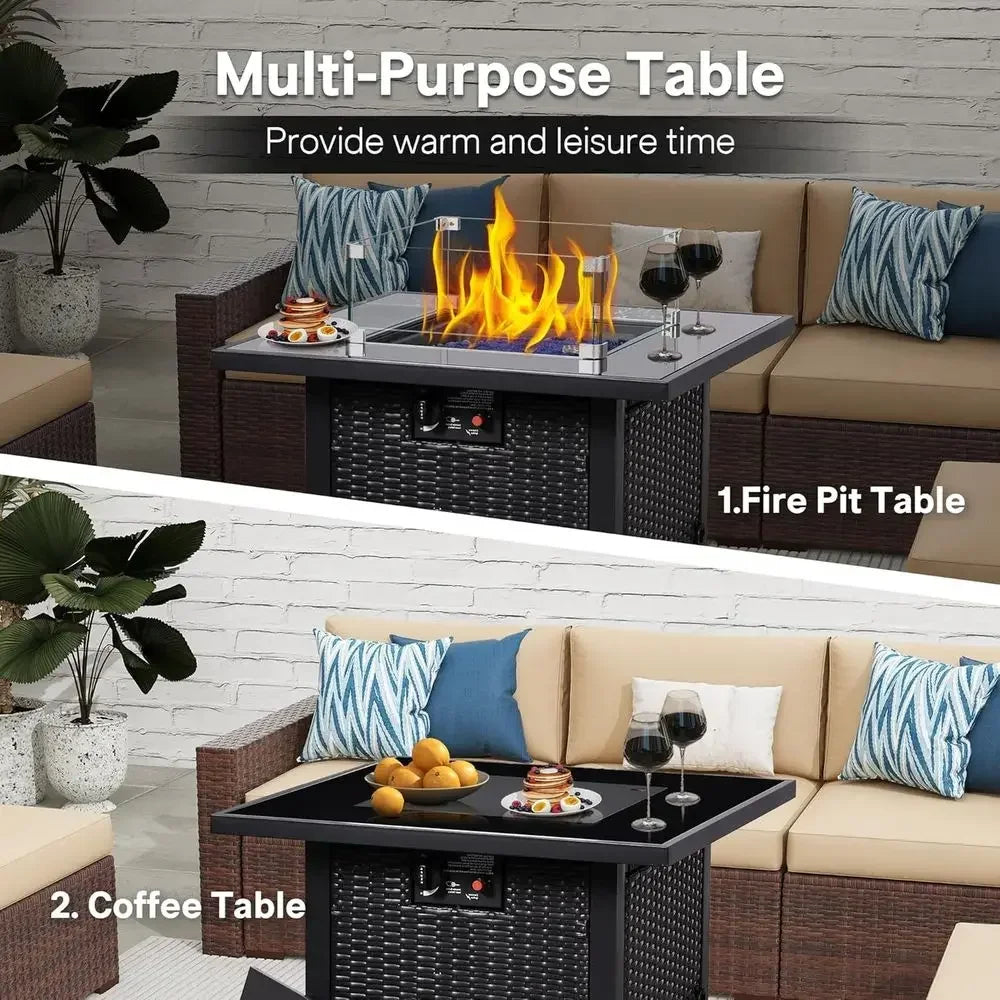 8-Piece Outdoor Patio Furniture Set with Fire Pit, Wicker Sectional Sofa, Thick Cushions & Coffee Table - Ideal for Backyard, Po