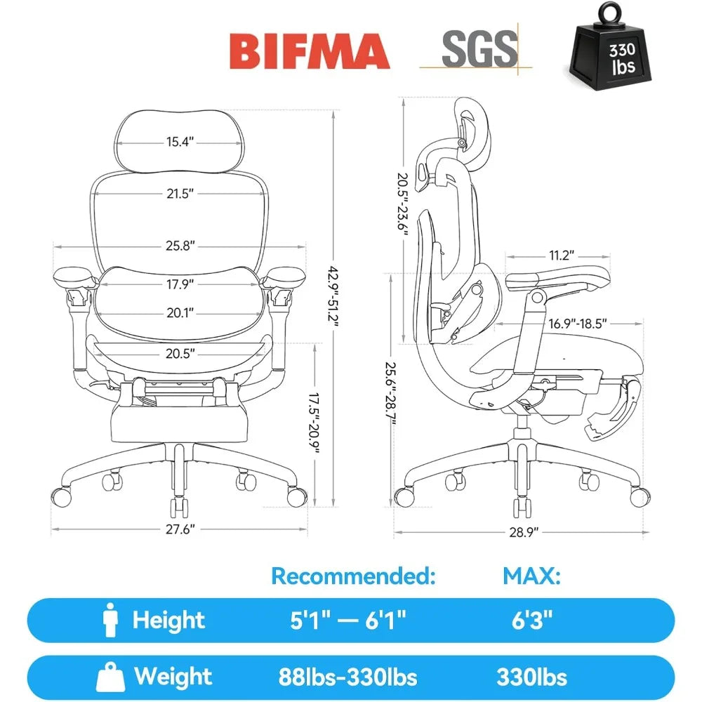 Ergonomic Office Chair with Footrest, Grey