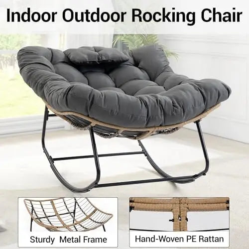 （Local US Inventory）Oversized Upholstered Rocking Chair Wicker Egg Rocker with Thick Cushion and Pillow Modern High Back Armchai