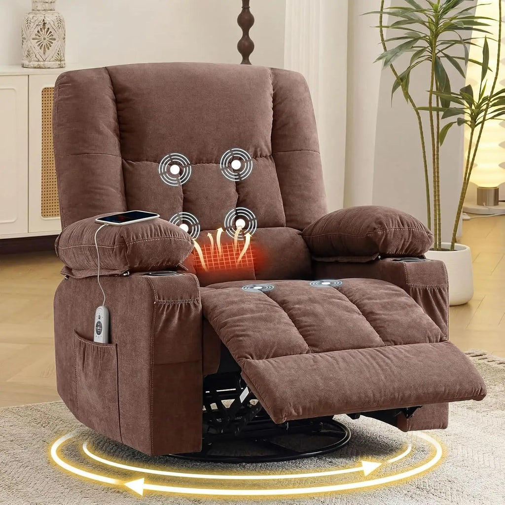 Swivel Rocker Recliner with Massage & Heat, Ergonomic Lounge Chair for Living Room with Pocket, 2 Cup Holders, USB, Customized