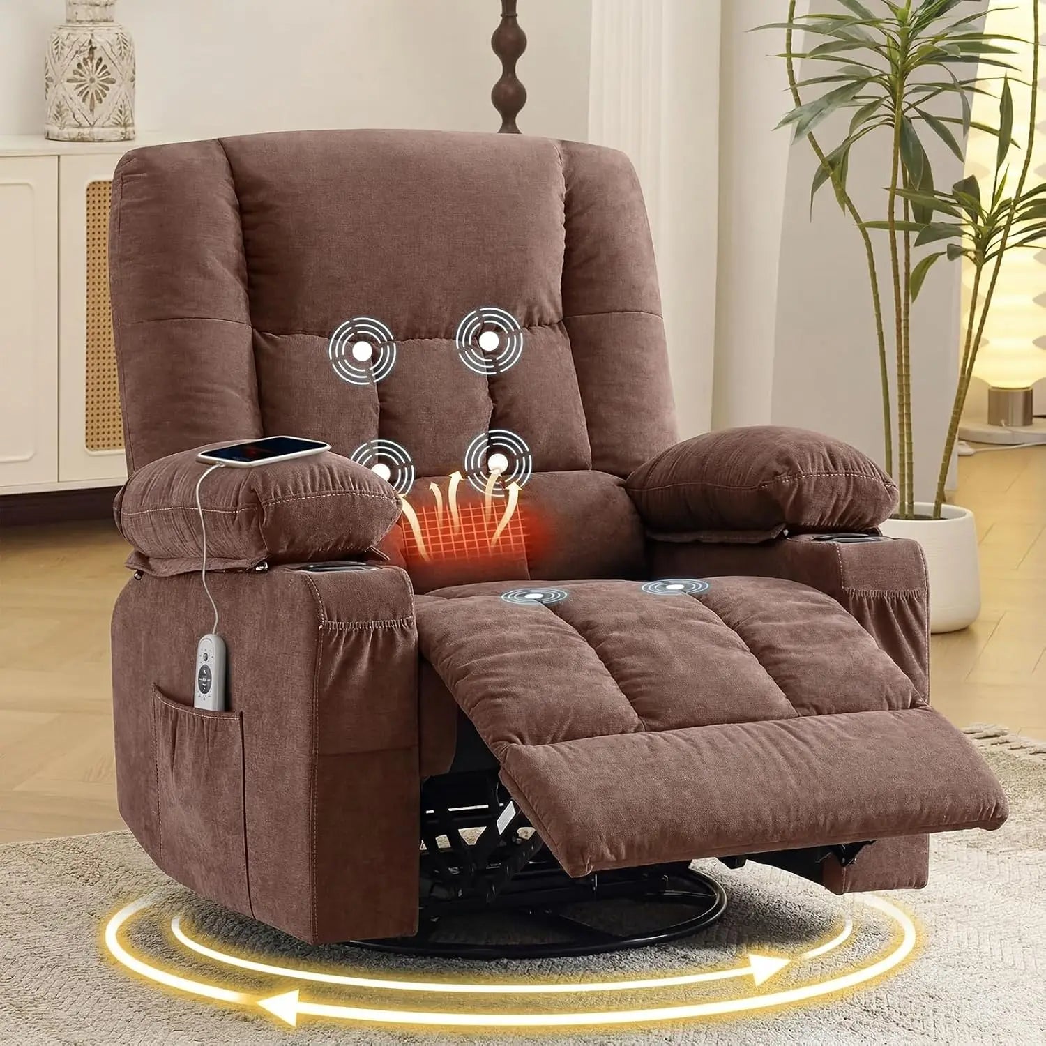 Swivel Rocker Recliner with Massage & Heat, Ergonomic Lounge Chair for Living Room with Pocket, 2 Cup Holders, USB, Customized