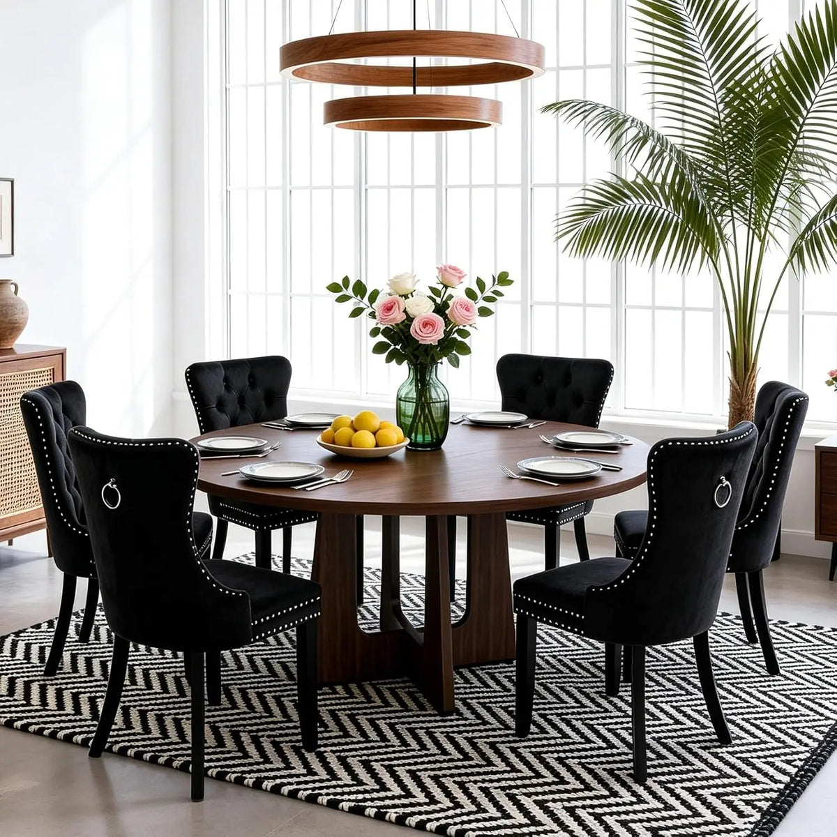 7-Piece Round Dining Table Set for 6, 47" Black Farmhouse Kitchen Table with 6 Gray Velvet Tufted Chairs, Modern Circle, Custom