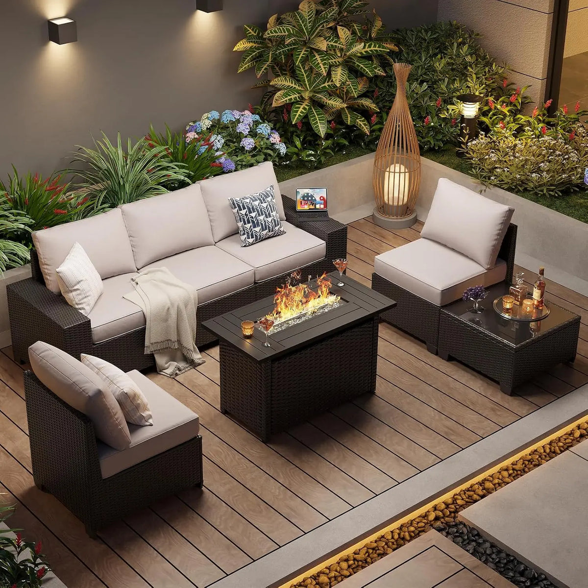 Outdoor Patio Furniture Set 44in Fire Pit Table 7 Pcs Sectional 4in Cushion Widen Armrests Wicker Backyard Grey, Customized