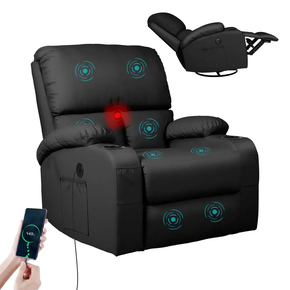Rocking Recliner Chair, Massage Rocker Recliner Chair with Vibration Massage and Heat, USB and TypeC Ports,360 Swivel Faux Leat