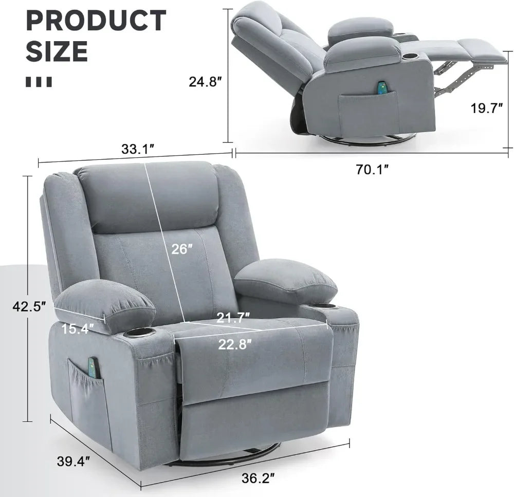 Swivel Recliner Chair with Vibration Massage & Lumbar Heat, Ergonomic Rocking Chair with Cup Holders for Living Room