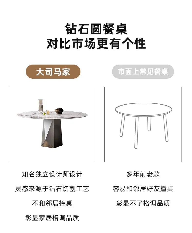 Factory Direct Sales  Light Luxury Glossy Rock Plate Dining Table Round Modern Minimalist Household Round Dining Table
