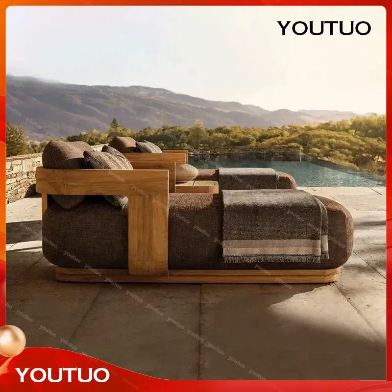 Nordic Outdoor Teak Sofa Set Solid Wood Waterproof Leisure Sofa and Coffee Table Combo for Villa Courtyard Homestay Patio