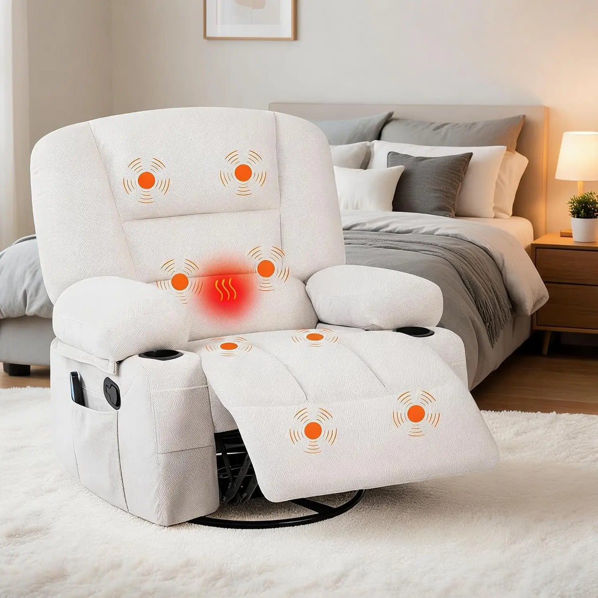 Oversized Recliner Chair, Massage Rocker, 360 Swivel, Heat, USB 350 LB Capacity, 8-Point Vibration, Lumbar Heat, 145° Recline, 2 Cup Holders, USB Port, Side Pocket And Retractable Footrest